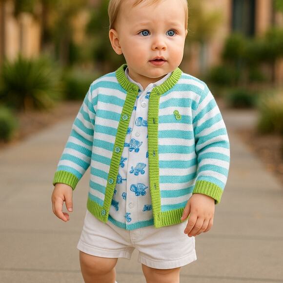 Hartstrings Boys Cardigan Sweater Size 12 Months Teal White Green Frog Striped - Picture 1 of 9
